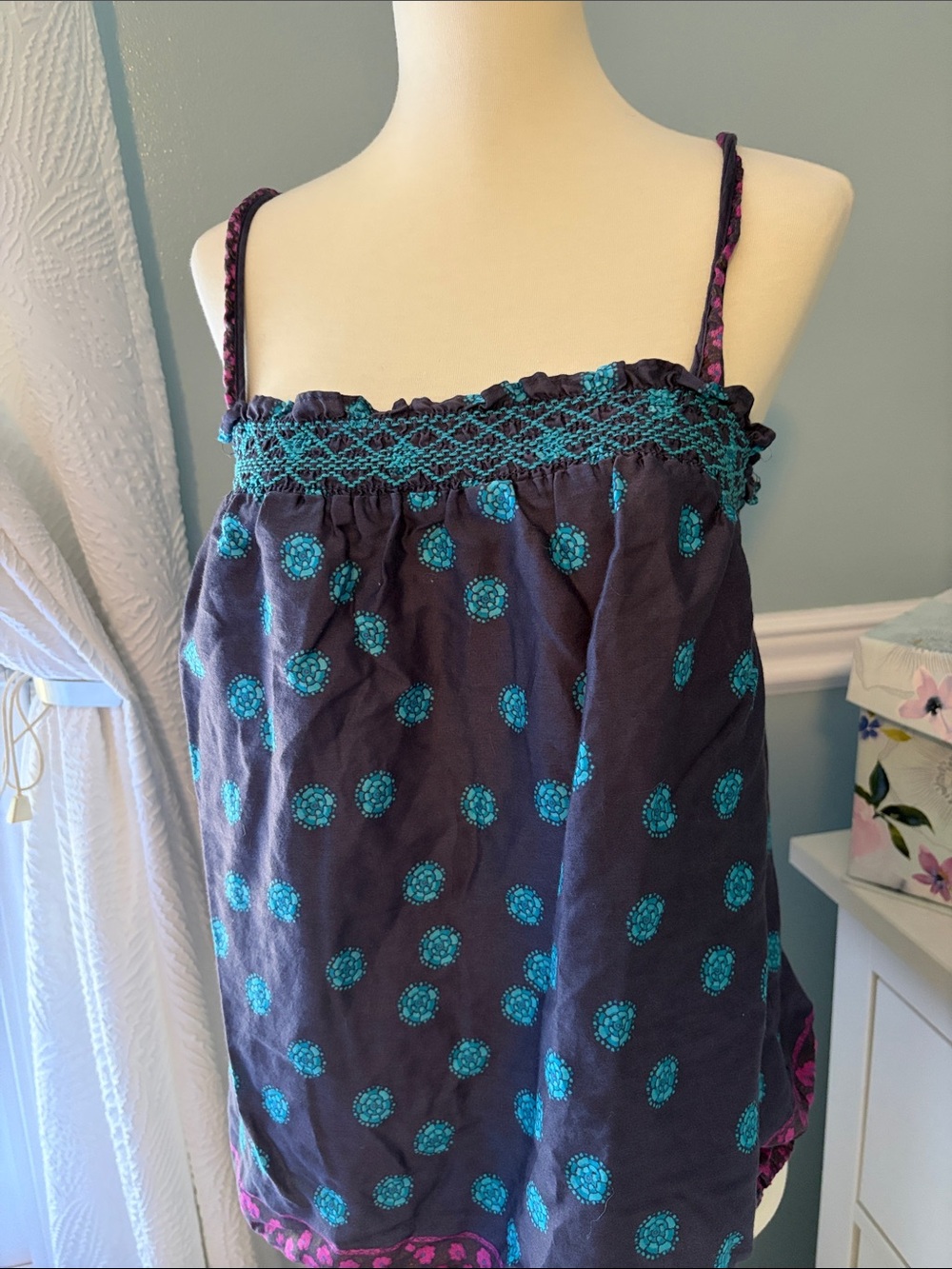 American Eagle Outfitters Navy Camisole with Teal Polka Dots